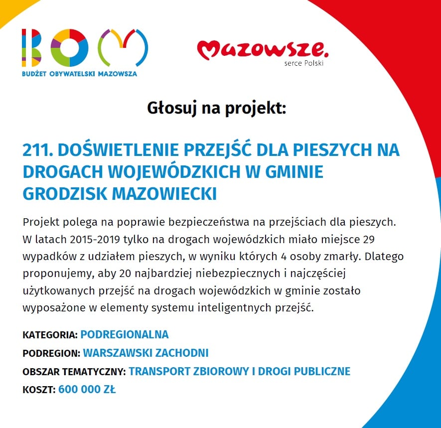 Plakat z informacjami o projekcie nr 211. Doświetlenie przejść dla pieszych na drogach wojewódzkich w gminie Grodzisk Mazowiecki 