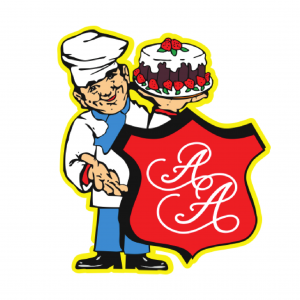 Logo cukierni Andrzejewski, kucharz trzymający tort 