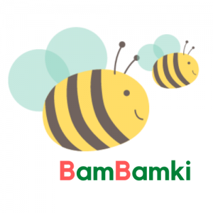 Logo firmy Bambamki, lecące dwie pszczółki rysunkowe