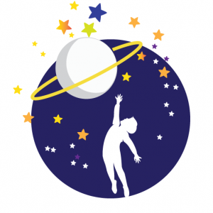 Logo centrum edukacji dzieci i młodzieży, na tle nieba z gwiazdami chłopiec wystawia rękę w kierunku planety.