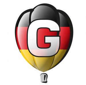 Logo szkoły języków obcych Germanika, balon z flagą niemiecką i dużym, białym G