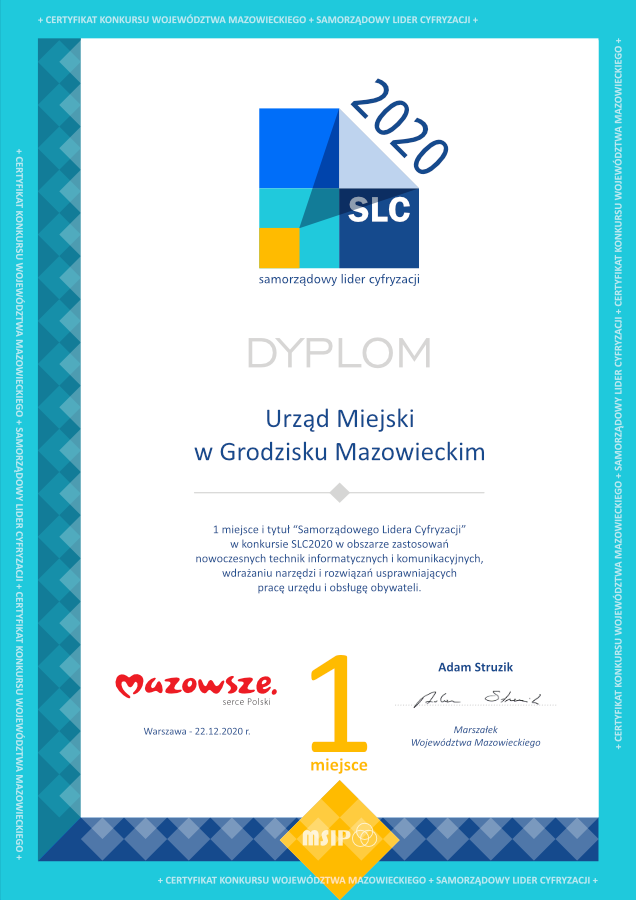 Dyplom dla UM Grodzisk Mazowiecki w konkursie "Samorządowy Lider Cyfryzacji" 