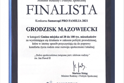Wyróżnienie dla gminy Grodzisk Mazowiecki w Konkursie Samorząd Pro Familia 20201 w kategorii gmina miejska od 20 do 11 tys. mieszkańców