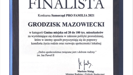 Wyróżnienie dla gminy Grodzisk Mazowiecki w Konkursie Samorząd Pro Familia 20201 w kategorii gmina miejska od 20 do 11 tys. mieszkańców