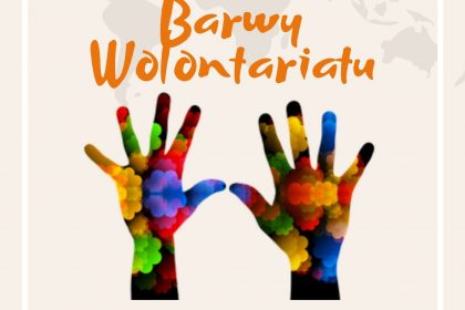 Plakat konkursu Mazowieckie Barwy Wolontariatu - kolorowe dłonie