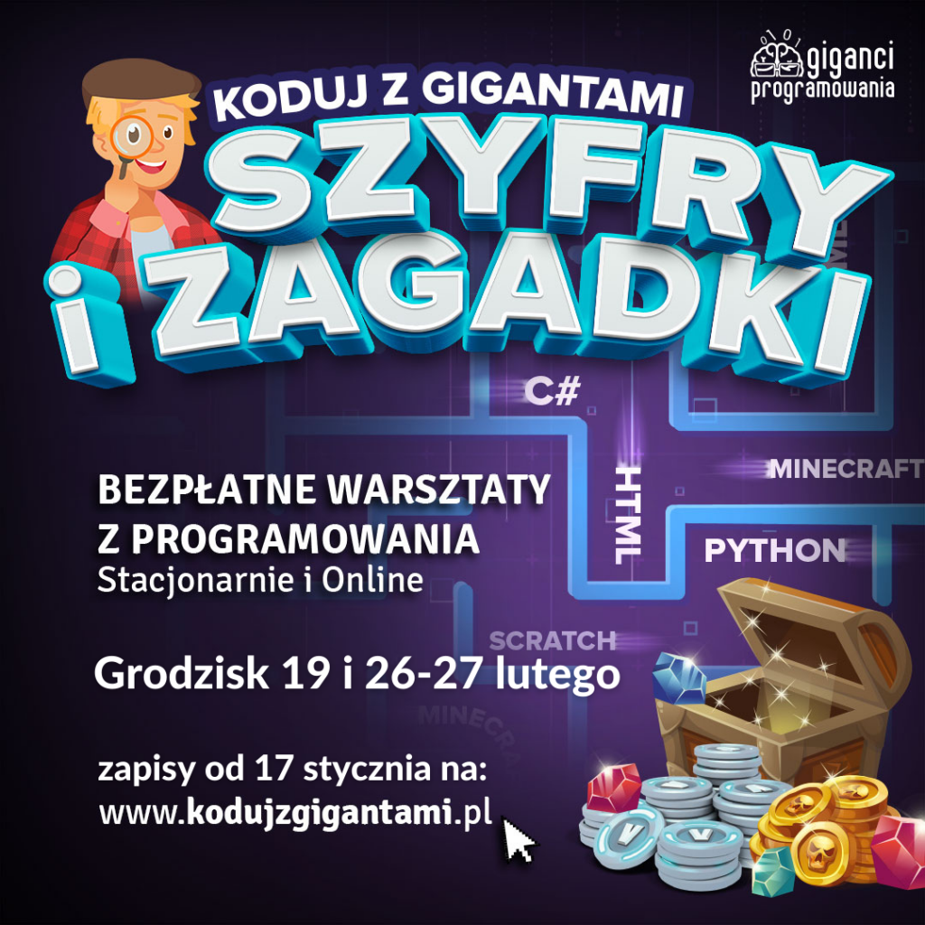 Plakat zaproszenie na warsztaty kodowania z Gigantami