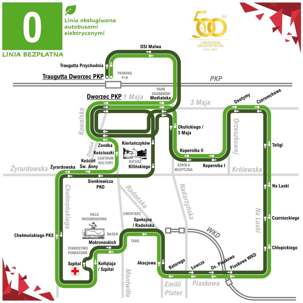 Mapa - linia 0 obsługiwana autobusami elektrycznymi - LINIA BEZPŁATNA