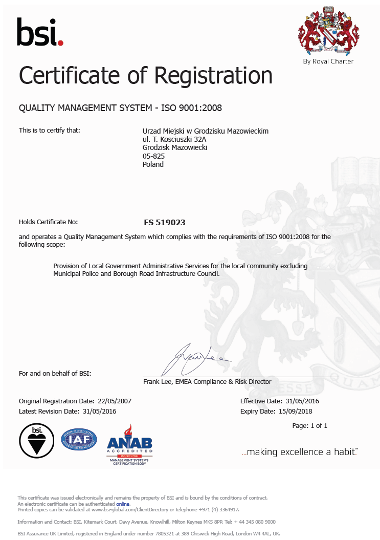 Certyfikat ISO 9001 2008 - wersja angielska