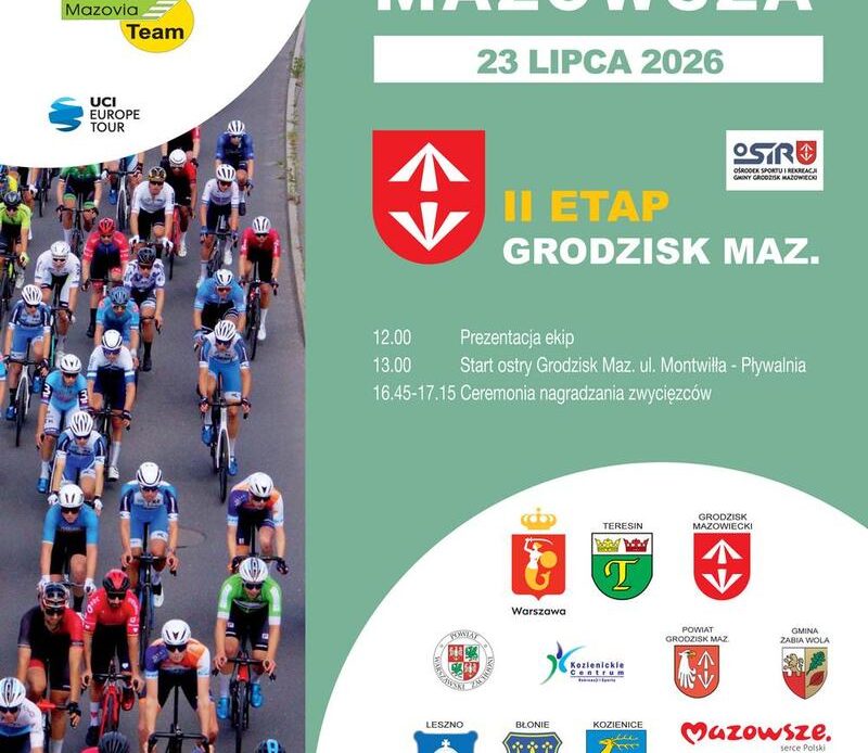 Plakat zapowiada 69. Międzynarodowy Wyścig Kolarski „Dookoła Mazowsza”, którego II etap odbędzie się 23 lipca 2026 roku w Grodzisku Mazowieckim. Na grafice widać peleton kolarzy, logotypy organizatorów i partnerów oraz harmonogram wydarzenia, w tym prezentację ekip, start ostrego wyścigu i ceremonię нагradzania zwycięzców.