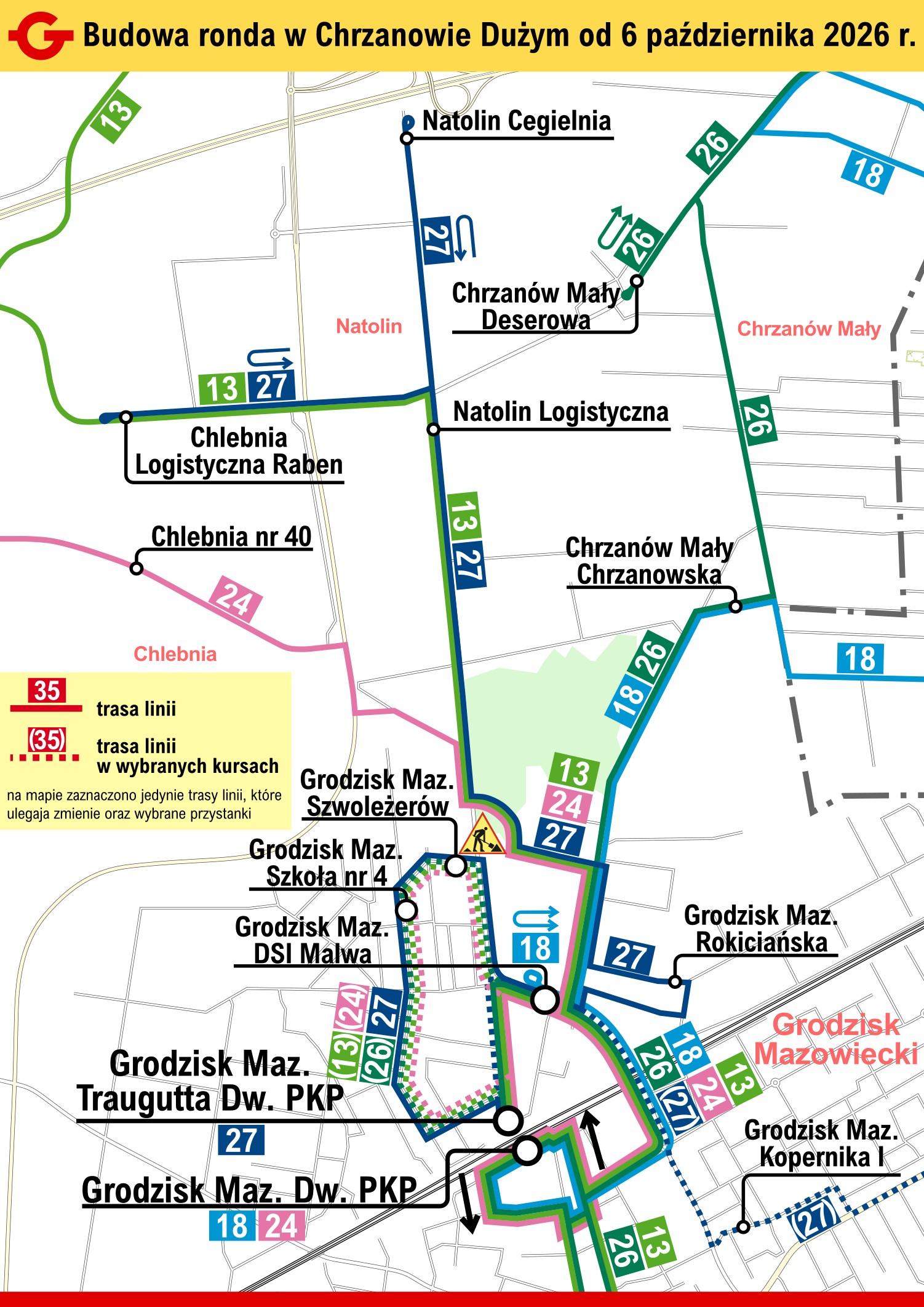 Mapa tras objazdowych - budowa ronda Chrzanów Duży