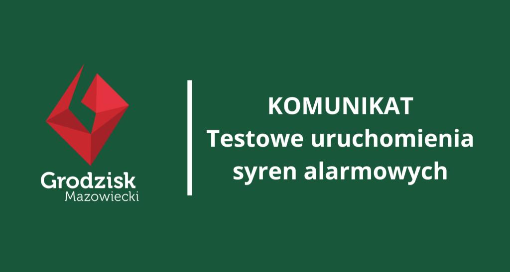 Obrazek przedstawiający logo gminy oraz tekst "KOMUNIKAT Testowe uruchomienia syren alarmowych"